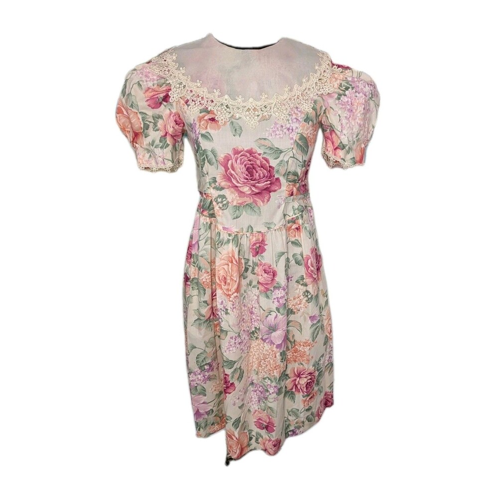 VINTAGE CEIL AINSWORTH GIRL'S DRESS Eyelet Lace Collar Puffy Sleeves Size 10 USA